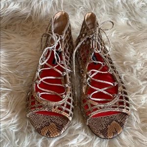 Charles Jourdan Snakeskin Lace-Up Sandals - Brown and Red